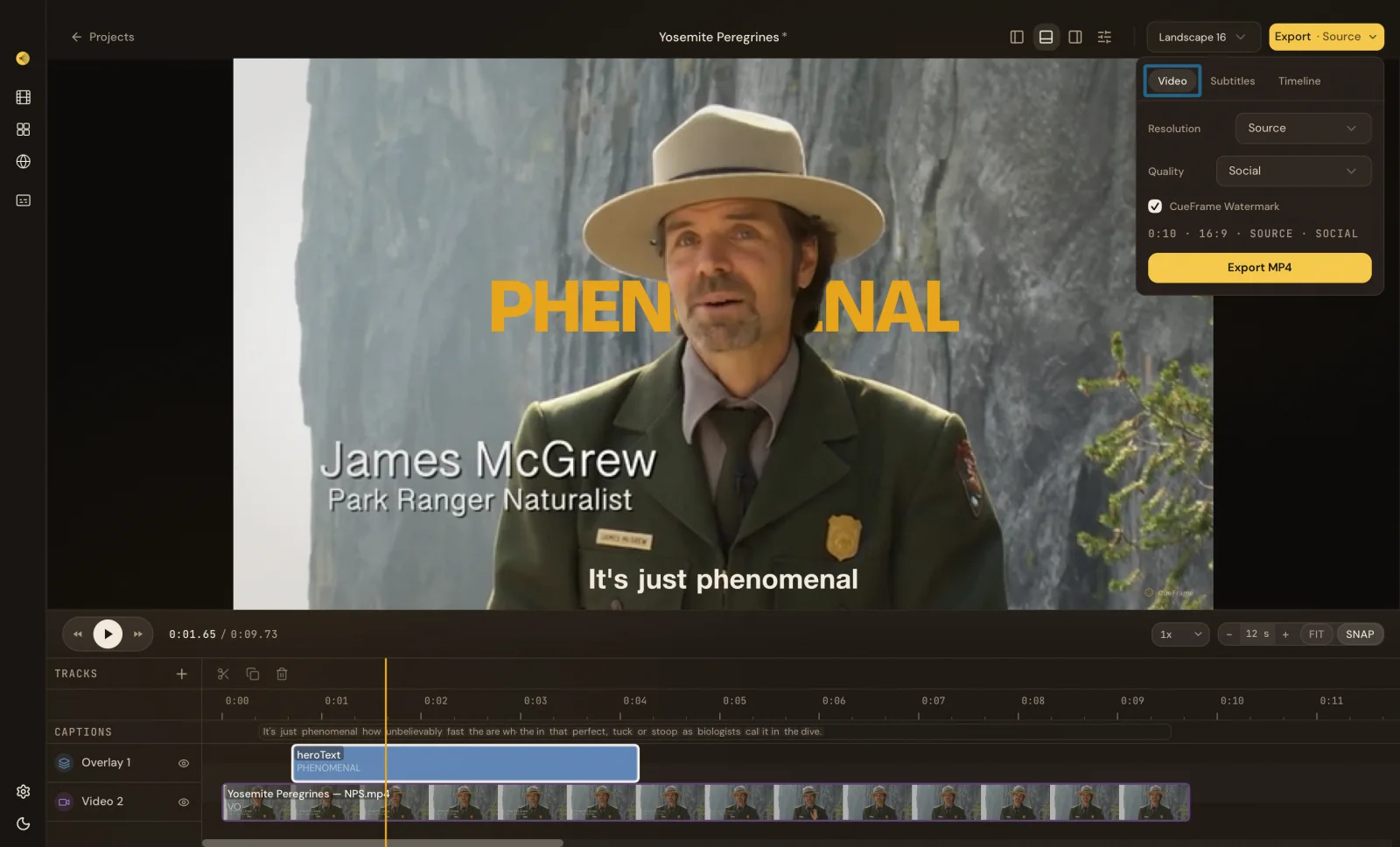CueFrame export controls over the Yosemite Peregrines project