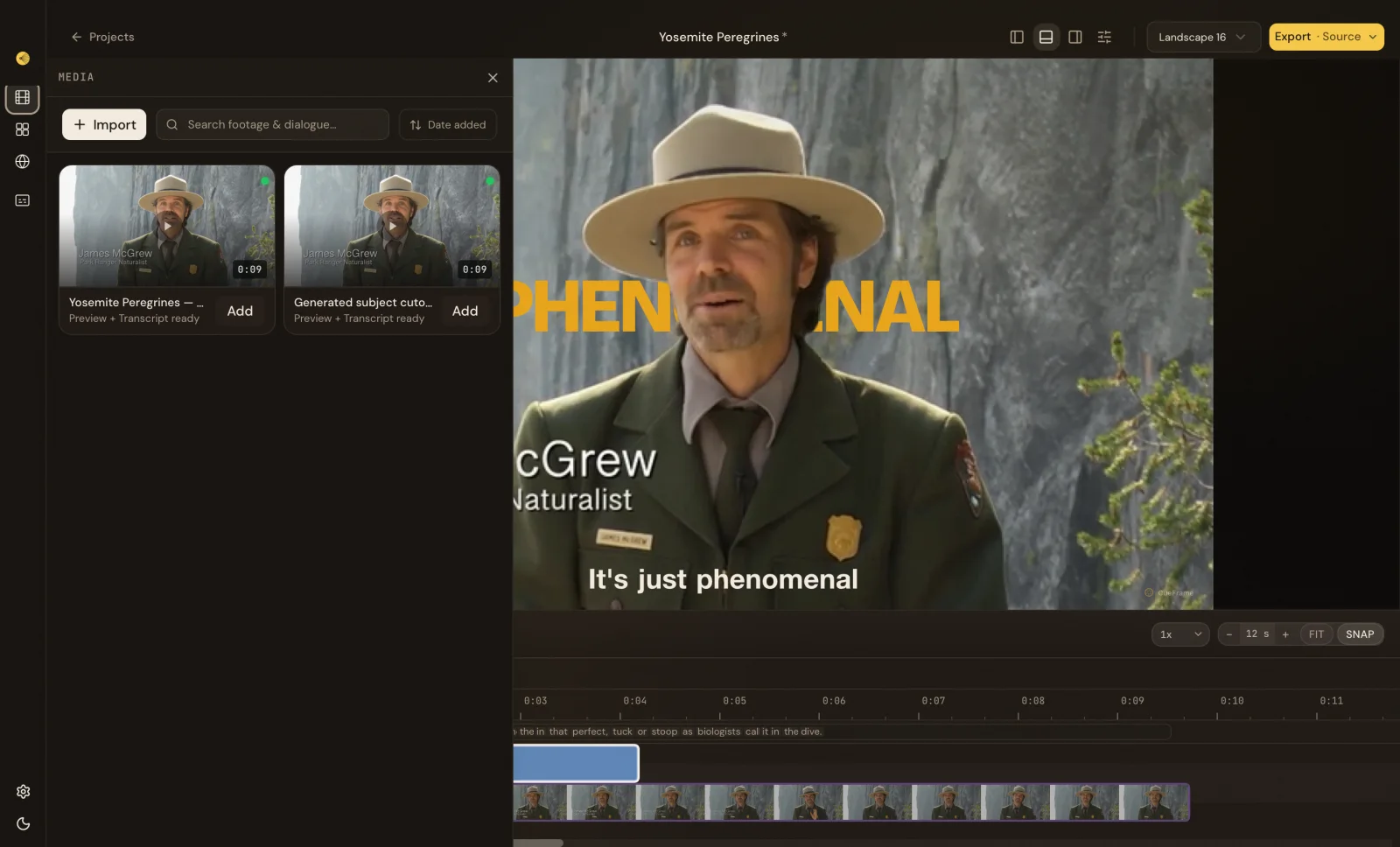 Yosemite Peregrines footage and its generated subject cutout in CueFrame’s local media library