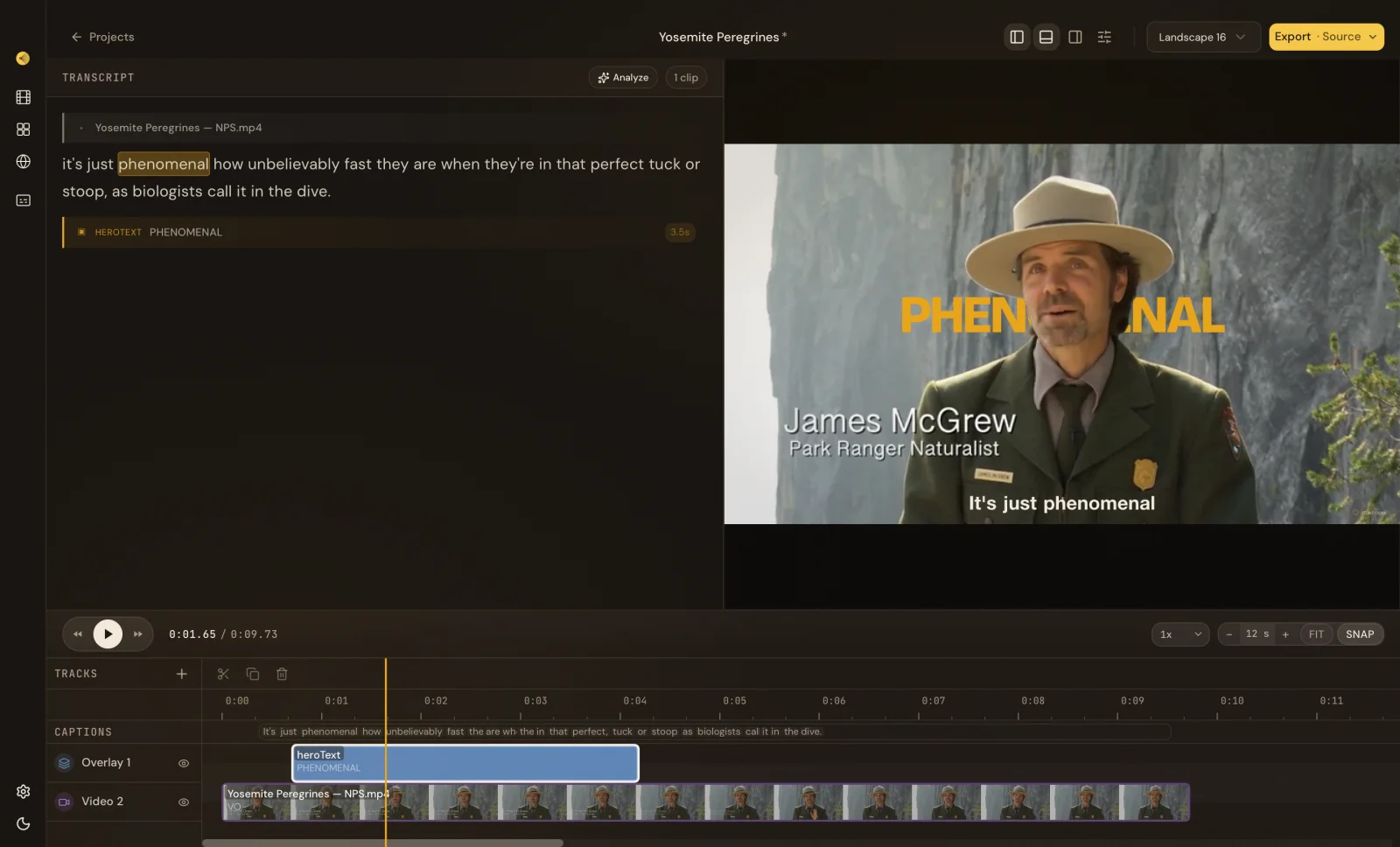 CueFrame transcript and timeline aligned to the Yosemite ranger’s spoken words